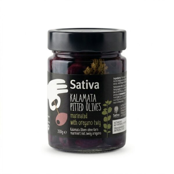 Sativa Kalamata olivy bez pecky s oreganem – marinované 360 g