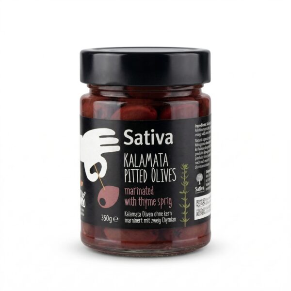 Sativa  Kalamata olivy bez pecky s tymiánem – marinované 360 g