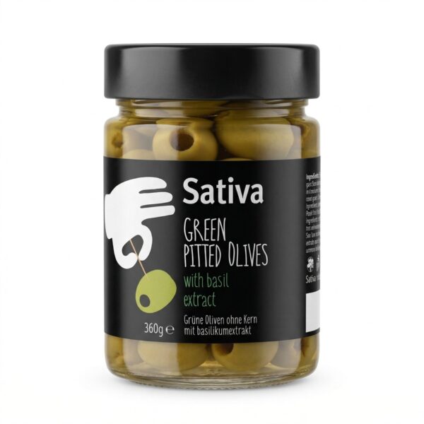 Sativa zelené olivy bez pecky s bazalkou – marinované 360 g